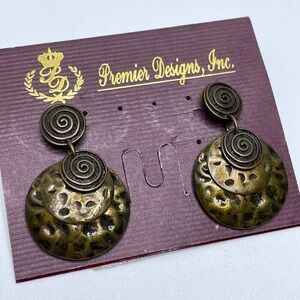 Premier Designs Vintage Antique Gold Tone Dangle Hamer Finished Earrings